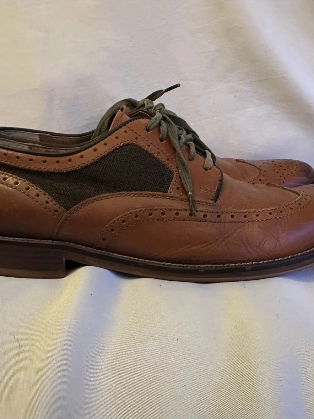 Johnston & Murphy Brown Leather Wingtip Oxfords with Olive Fabric Panels